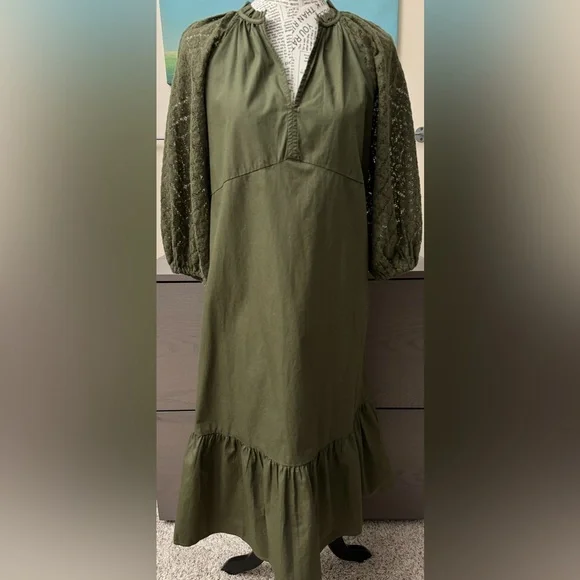 GAP | Dresses | Womens Gap Split Neck W Tie Army Green Dress Lace 34 Ballon  Sleeves Ruffle S | Poshmark